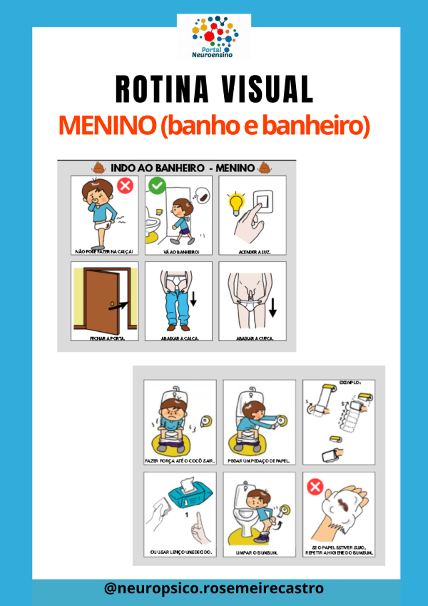 Rotina visual: Menino, banho, banheiro, limpeza das partes íntimas.
