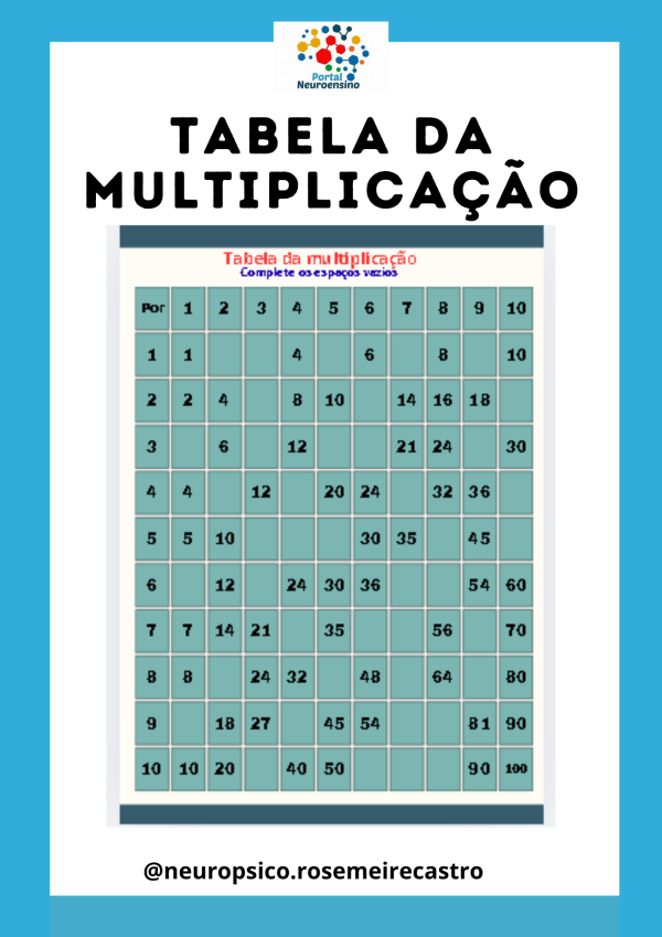 Tabuada de pitágoras para completar